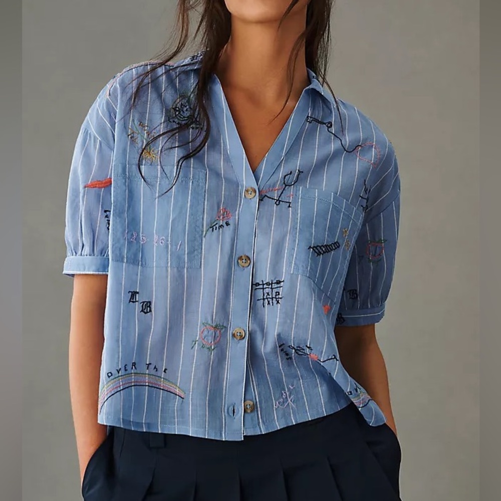 Pilcro Embroidered Short-Sleeve Surf Shirt